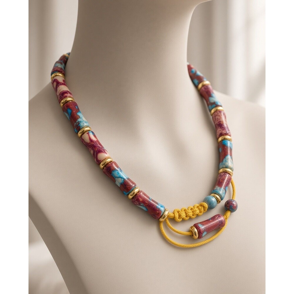 Boho Sea Sediment Jasper Tube Bead Necklace Gold Spacers Yellow Cord Adjustable